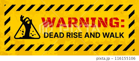 Zombie warning caution vector poster of Halloween horror holiday. Apocalypse warning, biohazard outbreak, dead monster attack beware sign with silhouette of zombie hand on grunge yellow background 116155106
