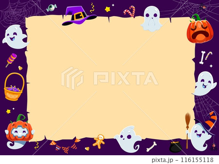 Halloween cute kawaii ghosts and vintage manuscript scroll, cartoon vector for holiday background. Funny boo ghosts with pumpkins, witch hat and trick or treat candy sweets in spiderweb on manuscript Halloween cute kawaii ghosts and vintage manuscript scroll, cartoon vector for holiday background. Funny boo ghosts with pumpkins, witch hat and trick or treat candy sweets in spiderweb on manuscript 116155118