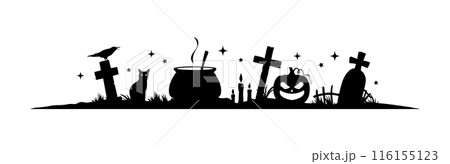 Halloween black frame border and divider adorned with eerie ravens, black cat, witch cauldron and spooky pumpkin face on cemetery with gravestones and crosses. vector sinister, creepy embellishments Halloween black frame border and divider adorned with eerie ravens, black cat, witch cauldron and spooky pumpkin face on cemetery with gravestones and crosses. vector sinister, creepy embellishments 116155123