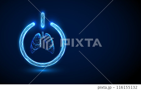Abstract blue human lungs inside a power button. Human health protection concept Low poly futuristic digital technology neon style. Geometric background. Wireframe light structure. 3d graphic. Vector. 116155132