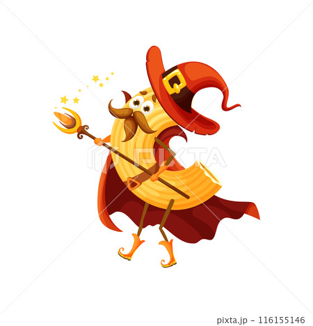 Cartoon Halloween italian pasta wizard character with magic staff. Isolated vector cornetti rigati noodle personage wearing red robe exudes spooky charm and adds flavor of Italy cuisine to the holiday Cartoon Halloween italian pasta wizard character with magic staff. Isolated vector cornetti rigati noodle personage wearing red robe exudes spooky charm and adds flavor of Italy cuisine to the holiday 116155146