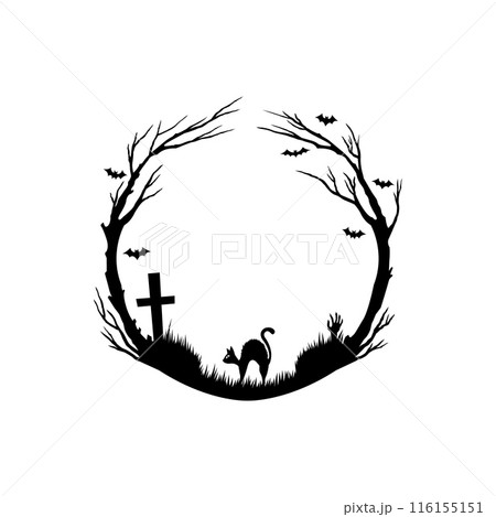 Halloween creepy round black frame. Halloween holiday spooky decoration, evil magic or horror creepy vector border or frame with black cat, cemetery grave cross and dry wood, flying bats silhouettes 116155151