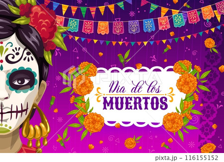 Mexican Day of the Dead holiday with marigold flowers, Catrina calavera and pennants, vector banner. Dia De Los Muertos papel picado garland flags and floral ornament for Mexican holiday fiesta 116155152