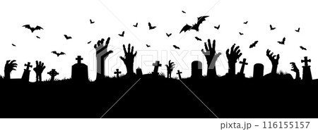 Zombie hands on cemetery silhouette, Halloween holiday and horror night vector background. Dead and undead zombie hands reaching out of graves with tombstones on graveyard and flying bats silhouettes Zombie hands on cemetery silhouette, Halloween holiday and horror night vector background. Dead and undead zombie hands reaching out of graves with tombstones on graveyard and flying bats silhouettes 116155157