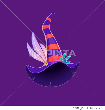 Cartoon Halloween witch hat adorned with feathery elegance and a vibrant flower, casting a spell of charm with its enchanting design. Isolated vector striped whimsical headwear for fairy or sorceress 116155173