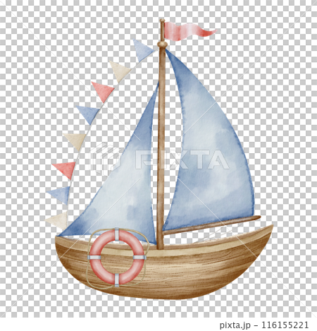 Sailboat watercolor illustration. Drawing of sailing ship with garland in pastel colors for Baby shower design on isolated background. Sketch of Boat or Yacht with pennant for nautical childish design 116155221