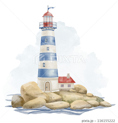 Watercolor Lighthouse and house with red roof on a rock. Illustration of Beacon in pastel blue and beige colors. Drawing of Light house for Baby shower nautical design. Marine landscape for poster. 116155222