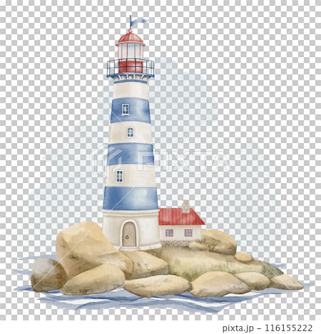 Watercolor Lighthouse and house with red roof on a rock. Illustration of Beacon in pastel blue and beige colors. Drawing of Light house for Baby shower nautical design. Marine landscape for poster. 116155222