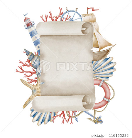 Watercolor ancient page of Paper with seashells, ship and nautical pastel elements. Illustration of parchment with space for text. Drawing of vintage sheet. Template of scroll for marine design. 116155223