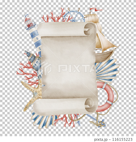 Watercolor ancient page of Paper with seashells, ship and nautical pastel elements. Illustration of parchment with space for text. Drawing of vintage sheet. Template of scroll for marine design. 116155223