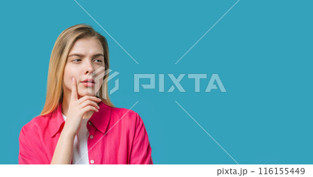Thinking around woman on blue background. Puzzled lady looking for answer. Copy Thinking around woman on blue background. Puzzled lady looking for answer. Copy 116155449