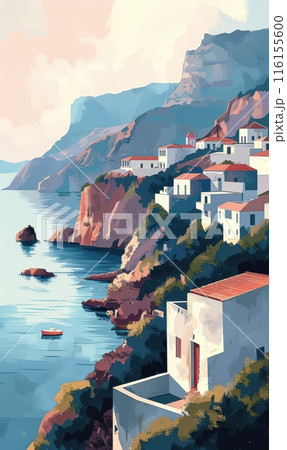 Picturesque coastal village with white houses on cliffs by serene blue sea. Minimalistic poster. 116155600