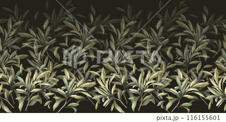 Olive branch, no fruit with green leaves. Watercolor botanical floral seamless border, pattern Hand drawn nature leaf illustration for food oil label, wallpaper, packaging on isolated dark background 116155601