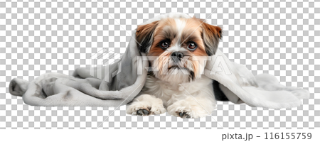 Shih Tzu dog wrapped in blanket isolated on transparent background, pet concept Shih Tzu dog wrapped in blanket isolated on transparent background, pet concept 116155759