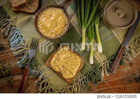 Top view of egg spread on toast bread 116155920