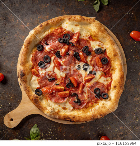 Delicious pizza with black olives 116155964