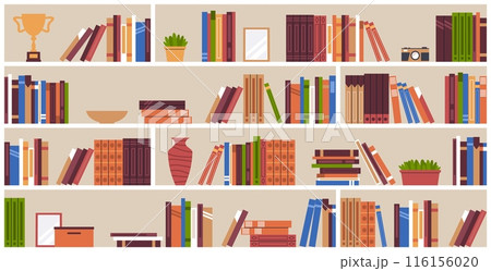 Bookshelves in library closet. Bookcase with books, rows of literature in different bindings, vases and pots, decorations, cozy interior cartoon flat style isolated nowaday vector concept Bookshelves in library closet. Bookcase with books, rows of literature in different bindings, vases and pots, decorations, cozy interior cartoon flat style isolated nowaday vector concept 116156020