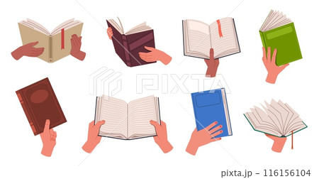 Human hands holding books. Readers with literature volumes, textbooks different positions, education and knowledge, back to school, nowaday vector cartoon flat isolated illustration set Human hands holding books. Readers with literature volumes, textbooks different positions, education and knowledge, back to school, nowaday vector cartoon flat isolated illustration set 116156104