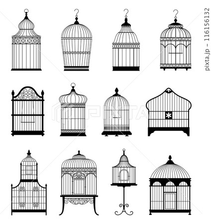 Silhouette bird cages set. Empty decorative vintage houses for parrots and canaries, elegant interlacing of metal rods, pets retro homes different types, vector set isolated on white background Silhouette bird cages set. Empty decorative vintage houses for parrots and canaries, elegant interlacing of metal rods, pets retro homes different types, vector set isolated on white background 116156132