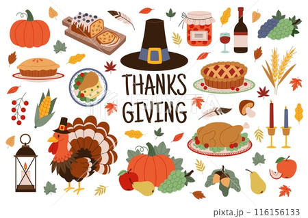 Thanksgiving day. Harvest festival elements, family autumn holiday, traditional turkey and different food, pumpkin pie and corn, pilgrim hat, cartoon flat style isolated tidy vector set Thanksgiving day. Harvest festival elements, family autumn holiday, traditional turkey and different food, pumpkin pie and corn, pilgrim hat, cartoon flat style isolated tidy vector set 116156133