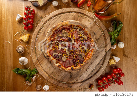 Top view of pizza capricciosa Top view of pizza capricciosa 116156175