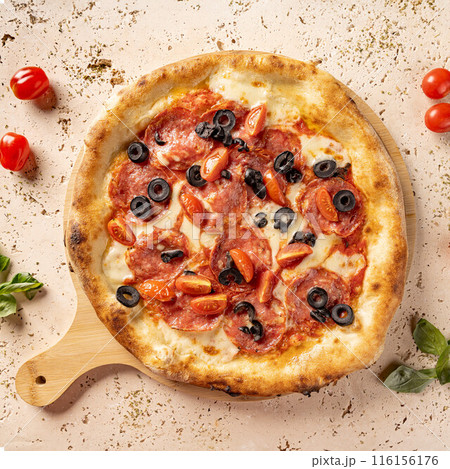 Delicious pizza with mozzarella Delicious pizza with mozzarella 116156176