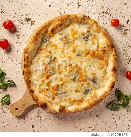 Freshly baked four cheese pizza Freshly baked four cheese pizza 116156178