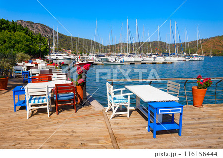 Greek style street cafe at the Fethiye port, Turkey Greek style street cafe at the Fethiye port, Turkey 116156444