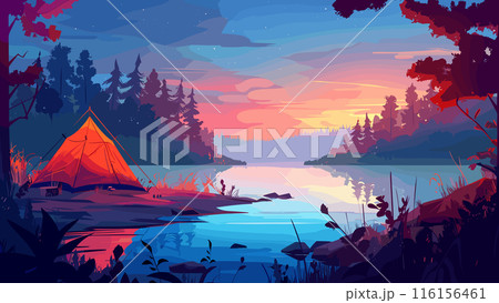 Tourist Tent Forest Lake Shore Cartoon Background Dawn Scenic Landscape Sunrise Outdoor Camping Adventure Serene Morning Nature Wilderness Tranquil Water Reflection Trees Grass Tourist Tent Forest Lake Shore Cartoon Background Dawn Scenic Landscape Sunrise Outdoor Camping Adventure Serene Morning Nature Wilderness Tranquil Water Reflection Trees Grass 116156461