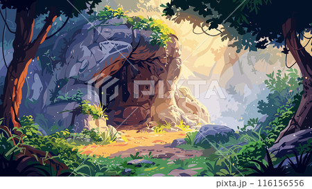 Mysterious Stone Cave Entrance Magical Forest Cartoon Background Illustration Secret Cave Entrance Fantasy Forest Adventure Game Background Hidden Cave Discovery Scene Environment 116156556