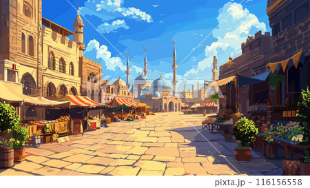Muslim Mosque Around Which Is a Market Square with Colorful Vendors Stalls. Landscape of an Ancient Eastern City Cartoon Background. Bazaar Near the Mosque. Game Style Illustration Muslim Mosque Around Which Is a Market Square with Colorful Vendors Stalls. Landscape of an Ancient Eastern City Cartoon Background. Bazaar Near the Mosque. Game Style Illustration 116156558