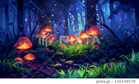 Magical Glowing Mushrooms Thick Grass Forest Cartoon Background Enchanted Woodland Luminescent Fungi Mystical Nature Fairy Tale Scenery Lush Greenery Magical Landscape Whimsical 116156570