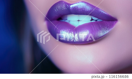 beautiful female purple lips closeup, beauty colourful concept, studio shot, generative AI 116156686