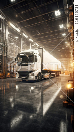 delivery truck loading in big industrial warehouse, generative AI 116156731