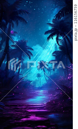 futuristic fantasy forest with purple, cyan, blue and pink trees, surreal palm park, generative AI 116156759