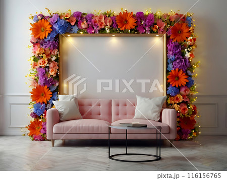 Living room with flower picture frames. 116156765