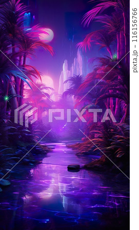 futuristic fantasy forest with purple, cyan, blue and pink trees, surreal palm park, generative AI 116156766