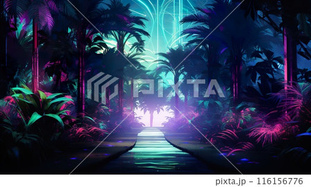 futuristic fantasy forest with purple, cyan, blue and pink trees, surreal palm park, generative AI 116156776