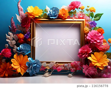 Photo frame with colorful flowers. 116156778