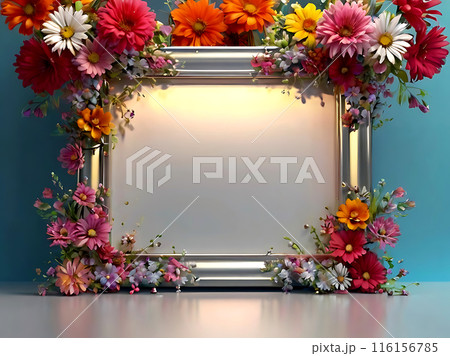 Photo frame with colorful flowers. 116156785