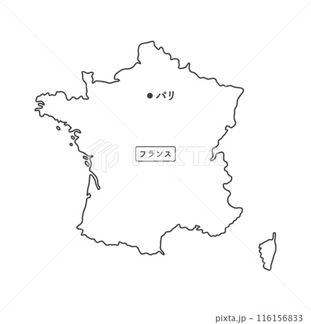 シンプルでおしゃれなフランスの白地図 - 首都パリの位置をマークした線画マップ - 日本語 シンプルでおしゃれなフランスの白地図 - 首都パリの位置をマークした線画マップ - 日本語 116156833