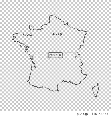 シンプルでおしゃれなフランスの白地図 - 首都パリの位置をマークした線画マップ - 日本語 シンプルでおしゃれなフランスの白地図 - 首都パリの位置をマークした線画マップ - 日本語 116156833
