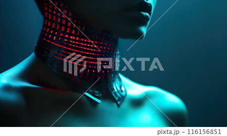 seductive young female in futuristic choker, necklace or collar, beauty cyberpunk, sci-fi and fantasy, generative AI 116156851