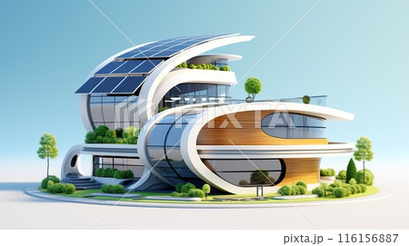 futuristic house with solar power systemr, in the style of organic and flowing forms, generative AI 116156887