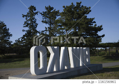 うららかな日差しに包まれる早朝のびわ湖モニュメント　横構図21 116156961