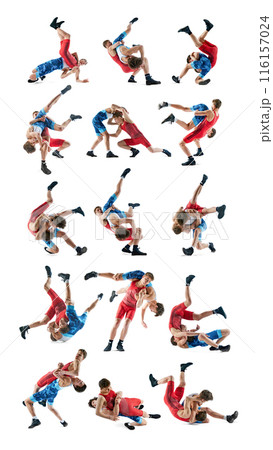 Young male wrestlers demonstrate strength as they engage in competitive bout isolated on white background. Set, vertical collage 116157024