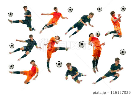 Collage. Set with young competitive man in red and black uniform, soccer player training, hitting ball isolated on white background. 116157029