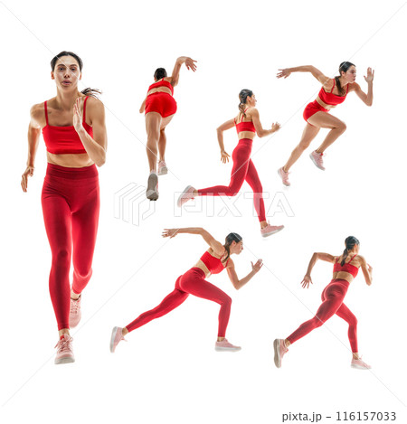 Dynamic image of competitive woman, runner in motion, training, running against white background. Set, collage. 116157033