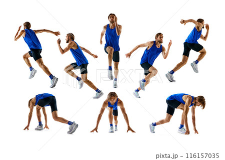 Set, collage. Dynamic images of athletic young man, runner in blue uniform developing speed and endurance isolated on white background. 116157035