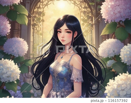 紫陽花とドレスを着た美しい女性のポートレートイラスト 4 116157392